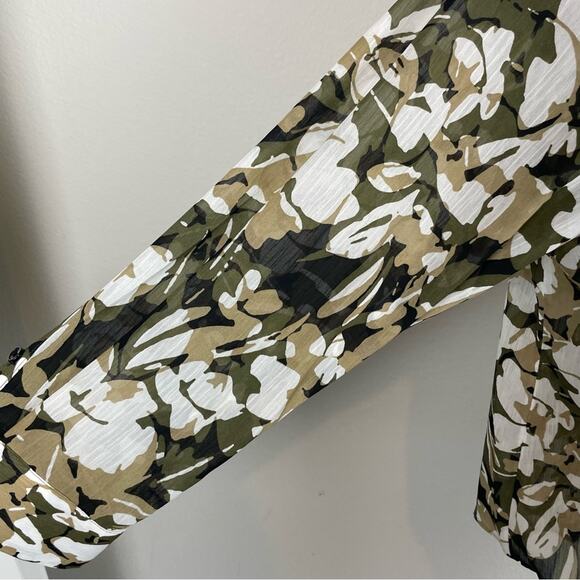 Chico's Olive Tan White Floral Semi Sheer Long Sleeve Top 4 - Picture 4 of 9